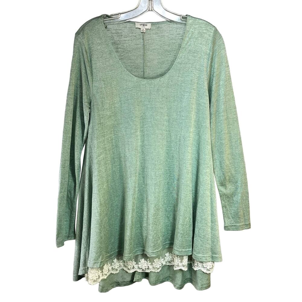 UMGEE Tunic Dress Women's Small Green Knit L/S Scoop Neck Lace Trim Boho Flare